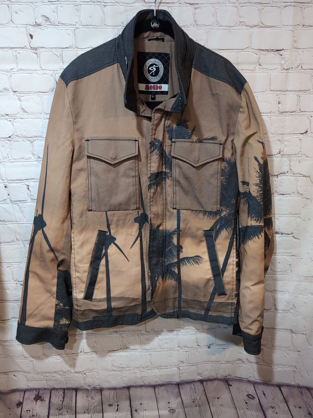 Men's Mondo Palm Tree Turbine All Over Print Jacket Stand Collar Hooded Size XL